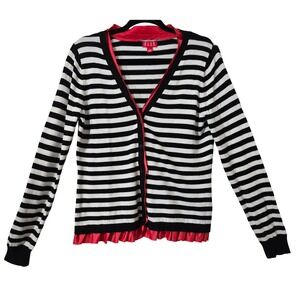 Elle Womens L Artsy‎ Black White Striped Cardigan Fuchsia Ruffle Trim Cotton Mix